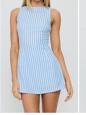 Yumiko Blue and White Striped Sleeveless Mini Dress/romper built in shorts